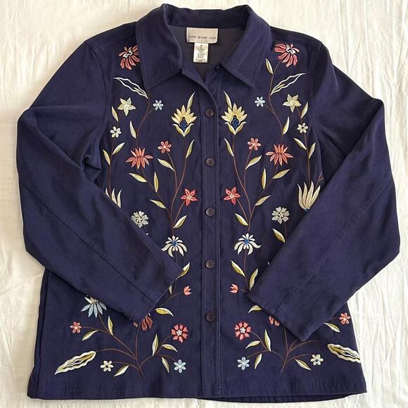 Susan Graver Floral Embroidery Navy Lined Shacket Sz M Boho Fairy Whimsigoth - Picture 1 of 5